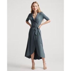 Quince Womens Tencel Jersey Midi Wrap Dress Dark Olive Short Sleeved S